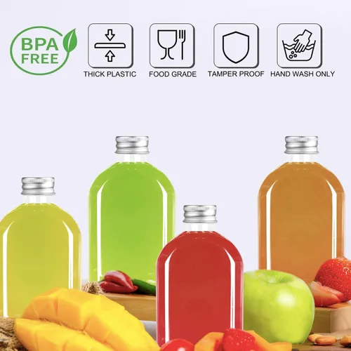 Vista 2 de Botellas de plástico con tapas, paquete de 24 botellas transparentes para jugos, botellas reutilizables para bebidas, recipientes transparentes a