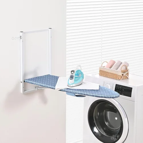 Vista 7 de KINGBOARD Tabla de planchar montada en la pared con soporte para plancha, tabla de planchar compacta para espacios pequeños, soporte de hierro Azul