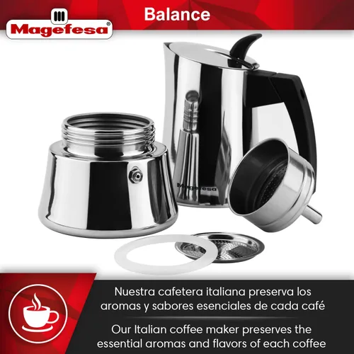 Vista 4 de Magefesa Balance - Cafetera de café expreso de acero inoxidable de 6 tazas, cafetera italiana clásica con mango y perilla de baquelita, cafetera