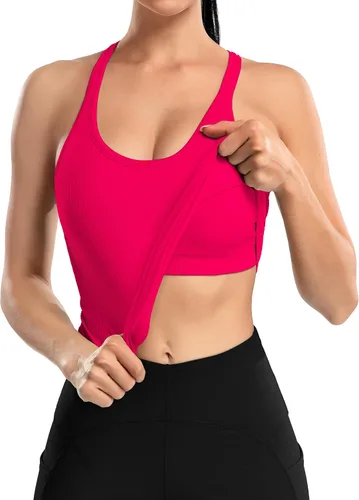 Vista 179 de ATTRACO Camiseta corta acanalada de entrenamiento para mujer con brasier integrado para yoga, espalda cruzada, ajuste ajustado