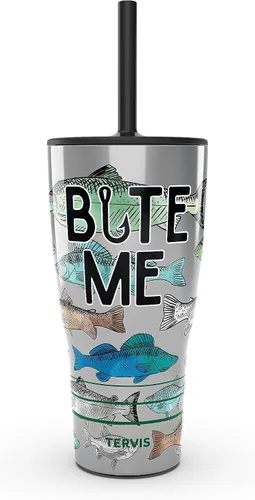 Vista 13 de Tervis Vaso aislado de doble pared Bite Me hecho en Estados Unidos mantiene las bebidas frías y calientes, 16 onzas, tapa verde cazador, clásico