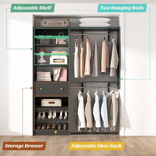 Vista 6 de Sistema de armario con cajón: sistema organizador reversible de madera de 5 pies con 2 varillas para colgar y estante ajustable, organizadores