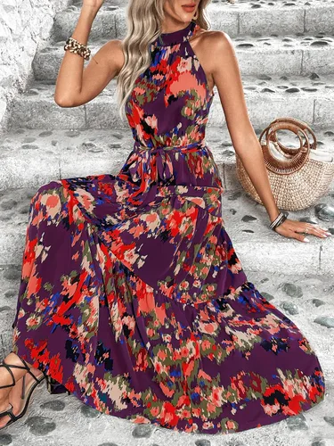 Vista 4 de WDIRARA Vestido largo sin mangas con estampado floral y dobladillo con volantes, acampanado, para verano