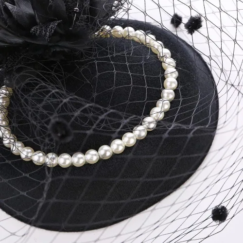 Vista 6 de NYTAZAJIX Tocado con plumas y flores, sombrero de pastillero de los años 50, velo de cóctel, fiesta de té, boda, con clips para mujer