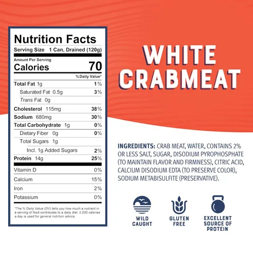 Vista 2 de Bumble Bee - Carne de cangrejo blanca en escamas en agua, lata de 170 g – 14 g de proteína y 1 g de carbohidratos por porción – Capturada
