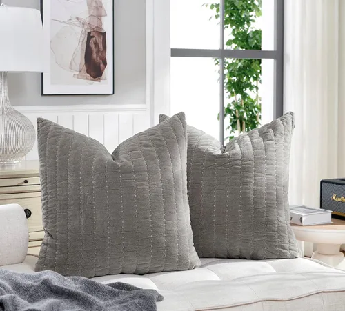 Vista 3 de COCOPLOCUE - Juego de 2 fundas de almohada de algodón grueso de 26 x 26 pulgadas, con cremallera oculta, decorativas, acolchadas, para sofá Gris