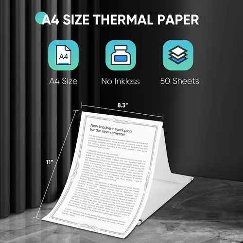 Vista 3 de Papel térmico plegable de 8.3 x 11 pulgadas, papel térmico continuo, compatible con impresora portátil Novodesk AZ5005, 50 hojas