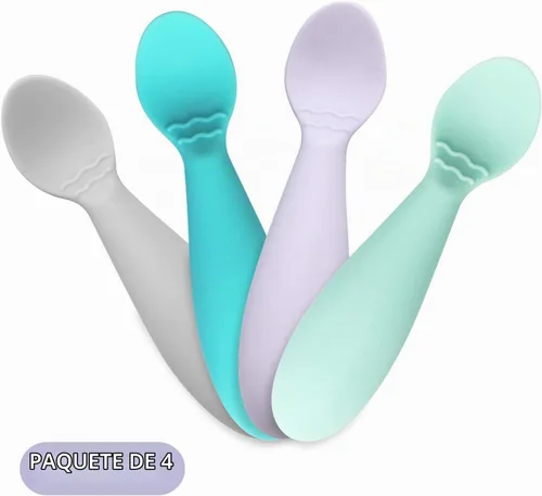 Vista 4 de PandaEar Cucharas para bebés sin BPA, paquete de 4, silicona suave, utensilio de mango de grasa de alimentación automática