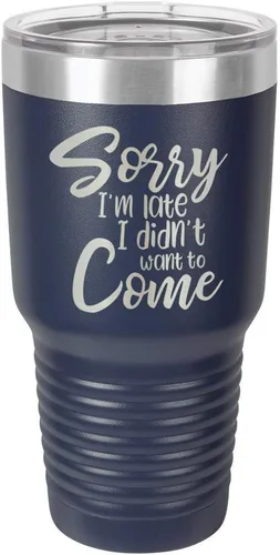 Vista 18 de Sorry I'M LATE I DIDN'T WANT TO COME Vaso negro de 30 onzas con popote y tapa superior deslizante Taza de viaje de acero inoxidable Comparar
