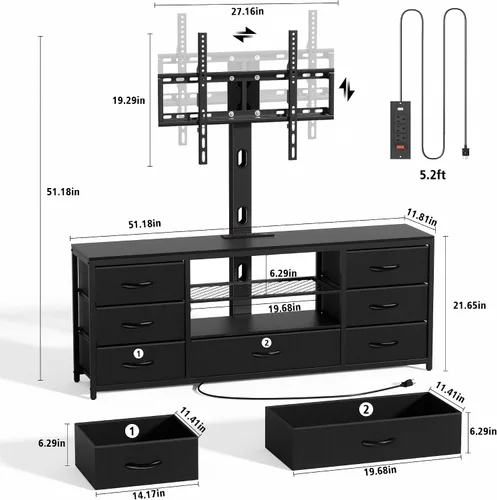 Vista 7 de Soporte de TV con soporte y 7 cajones de tela, centro de entretenimiento LED con tomas de corriente para televisores de 32, 45, 55, 60, 65, 70