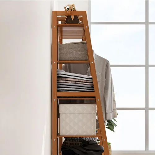 Vista 6 de Perchero de ropa de dormitorio de madera maciza, perchero colgante de doble barra independiente, ahorro de espacio (marrón 63.0 x 15.7 x 55.1 in)