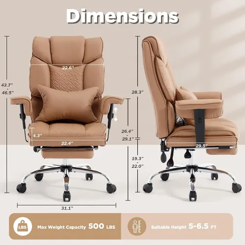 Vista 3 de Silla de escritorio de oficina reclinable de masaje grande y alta de 500 Marrón (Cocoa Brown)