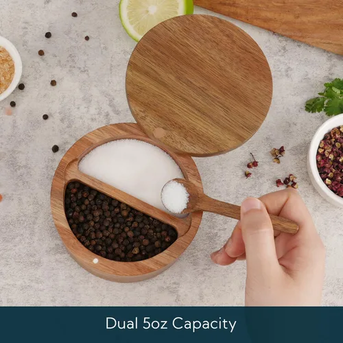 Vista 2 de KITCHENDAO Caja de Tazón de Sal y Pimienta de Madera de Acacia, Cuchara Incorporada, Contenedor de Condimentos de Especias de Dos Compartimentos