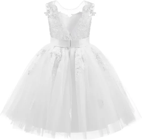 Vista 2 de Vestido de niña de las flores de Navidad con botones drapeados y botones de tul para niños