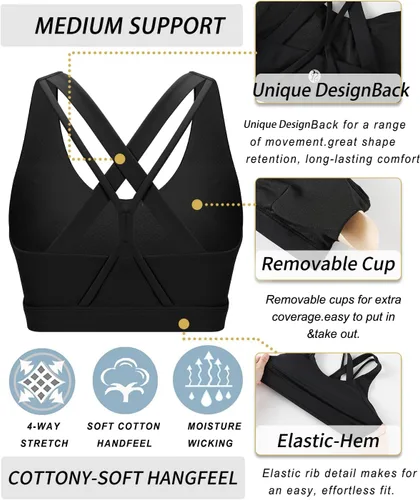 Vista 3 de RUNNING GIRL Brasier deportivo para mujer, soporte medio-alto con tirantes cruzados en la espalda con relleno, sujetadores deportivos de apoyo