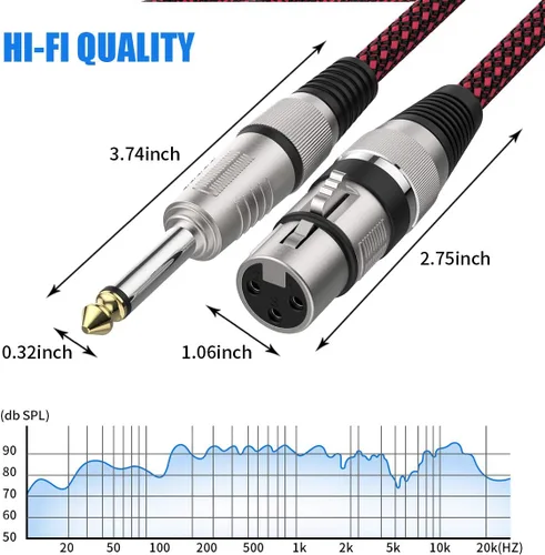 Vista 5 de BIFALE - Cable XLR hembra a 1/4 TS de 6 pies, cable de micrófono trenzado de nailon BIFALE TS de 0.250 in, cable de micrófono desequilibrado, cable