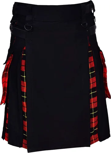 Vista 3 de UFS Kilts- Kilts híbridos escoceses de algodón negro y tartán con correas de cuero para hombre