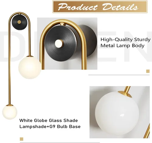 Vista 3 de Lámpara de pared moderna de mediados de siglo con forma de globo para interiores, 2 luces, color negro y dorado, con vidrio de leche, lámparas