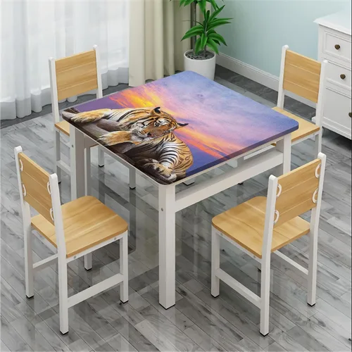Vista 4 de Mantel cuadrado de animales, tigre acostado en madera, cielo azul, colorido, puesta de sol, elástico, para restaurantes, picnic, patio, decoración
