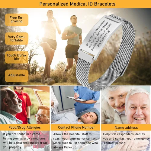 Vista 17 de VNOX Pulsera de identificación de alerta médica para hombres y mujeres, pulseras de alerta médica con grabado personalizado para mujeres y hombres