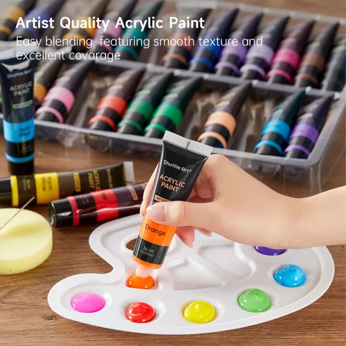 Vista 4 de Shuttle Art Juego de 48 pinturas acrílicas, 30 colores de pintura acrílica (36ml) con 10 pinceles, 5 lienzos, 1 cuchillo de pintura, 1 paleta, 1