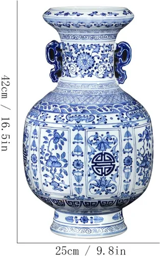 Vista 2 de Florero de escultura florero de cerámica chino retro pintado a mano azul y blanco, florero de porcelana grande de 16.5 pulgadas para decoración