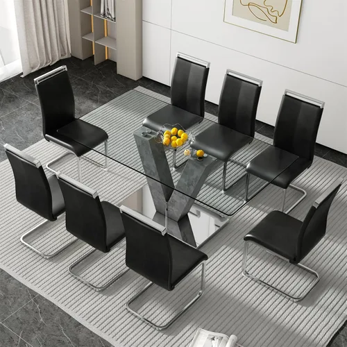 Vista 10 de Juego de mesa de comedor de cristal de 71 pulgadas para 4, juego de mesa de cocina moderno para 4, juego de mesa de comedor para el hogar