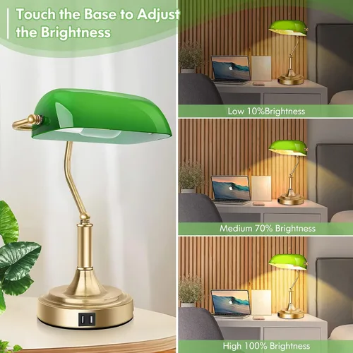Vista 4 de Lámpara de banqueros con 2 puertos USB, control táctil, lámpara de escritorio de vidrio verde con base de latón, lámpara de escritorio vintage