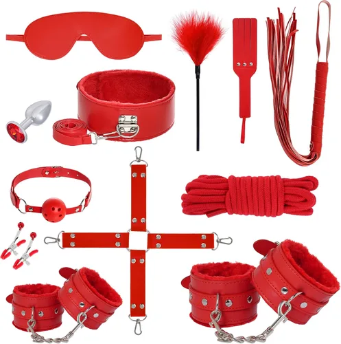 Vista 9 de Rbenxia 12 piezas de kits de restricciones BDSM Bondage para el sexo, esposas de fetiche, esposas de tobillo, collar, venda para los ojos, látigo