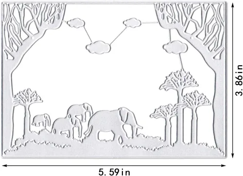 Vista 2 de Troqueles de corte de fondo de elefantes, animales, marco de fondo, troqueles para hacer tarjetas, fondo de árboles, troquelado, plantilla