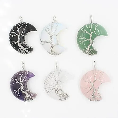 Vista 3 de COLORFUL BLING Collar con colgante de luna creciente envuelta en alambre de árbol de la vida, collar de piedra de cristal curativo de Reiki, joyería