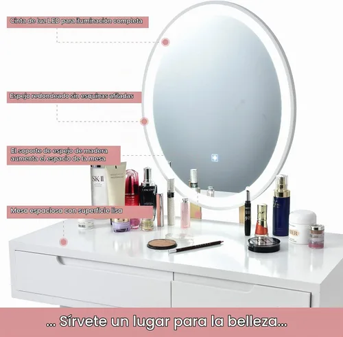 Vista 4 de CHARMAID Juego de tocador con espejo iluminado, espejo de brillo ajustable de 3 modos, tocador de maquillaje con taburete acolchado, 2 cajones