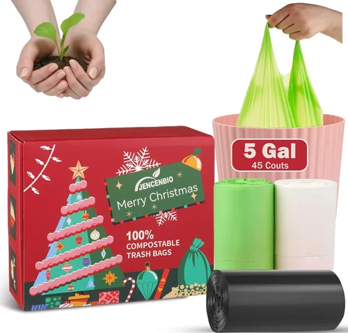 Vista 10 de Bolsas de basura compostables con asa compostable de 4 galones con cordón extra grueso de 0.78 mils, bolsas de desechos de compost de comida con US