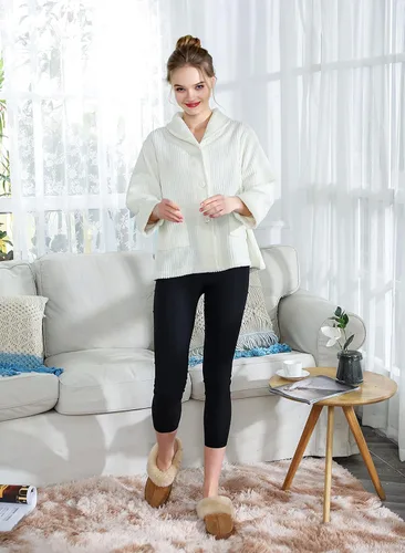 Vista 2 de Chaqueta de cama con cuello de chal de forro polar coral con aguja azul para mujer