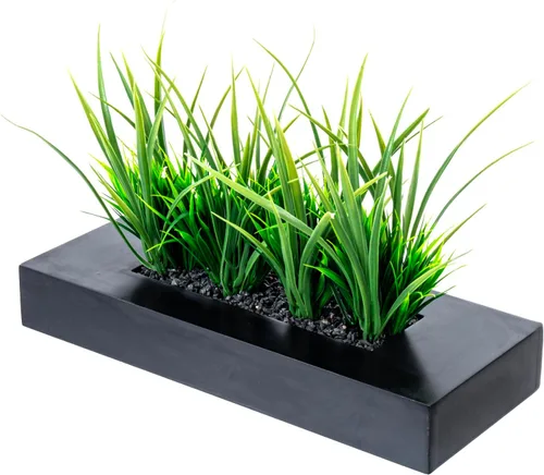 Vista 12 de MyGift - Grandes plantas artificiales de césped verde en maceta de 14 pulgadas en caja de madera maciza de acacia premium rectangular, centro
