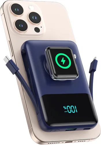 Vista 7 de Cargador portátil magnético para iPhone con cable incorporado, banco de energía inalámbrico de 10800mAh para Magsafe, esencial de viaje, paquete