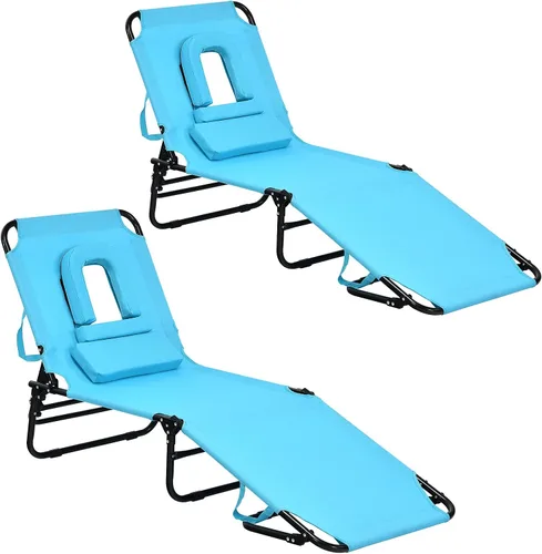 Vista 10 de GYMAX Sillón de playa, silla para tomar el sol, silla plegable ajustable reclinable con agujero para la cara