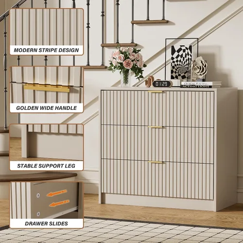 Vista 3 de Furniway - Cómoda color beige para habitación, moderna, 3 cajones y deslizadores suaves, cómoda ancha con jaladeras doradas para sala o armario