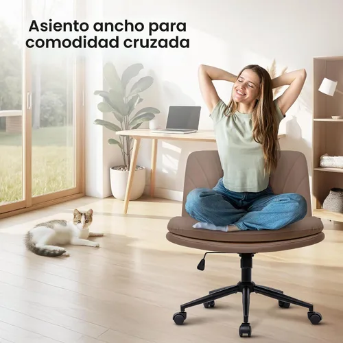 Vista 3 de NEO CHAIR Silla cruzada con ruedas, escritorio de oficina con patas marrón (Brown PU)