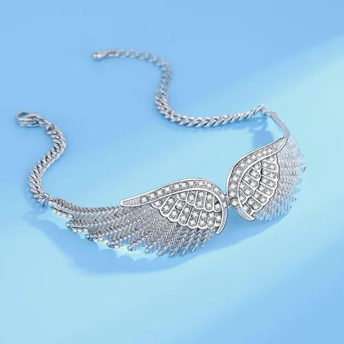 Vista 9 de Pulseras de alas angulares para mujer, pulsera de cadena ajustable chapada en plata, brazalete de ala de ángel para mujer, cumpleaños, Navidad, día