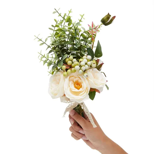 Vista 3 de Ramo de novia de rosas de seda champán, eucalipto y bayas, centro de mesa de boda (15.7 x 7 pulgadas)