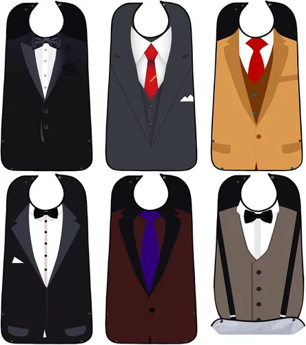 Vista 8 de SATINIOR Paquete de 6 baberos para adultos para hombres mayores con atrapa migas, impermeables, lavables, protectores de ropa, regalo para el padre