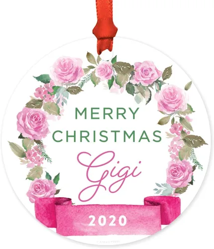 Vista 11 de Andaz Press Adorno de Navidad de madera grabado con láser para aniversario de boda, 1 año juntos, Navidad 2025, pancarta de flores rosas, 1 paquete