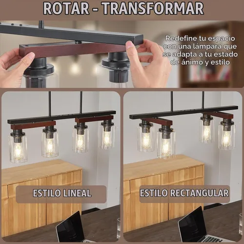 Vista 2 de 4 lámparas de isla de cocina y accesorios de iluminación de comedor de granja sobre mesa, colgante rústico ajustable para techo - Diseño giratorio