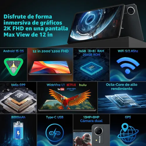 Vista 3 de Tableta mejorada con Android 15 de 12 pulgadas con ROM de 256 GB, procesador Helio G99 Octa-Core Android Tableta para juegos, gran pantalla FHD