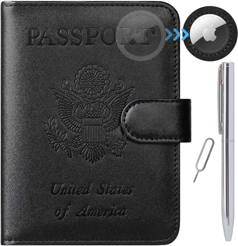 Vista 30 de Funda para pasaporte, cartera con bloqueo RFID, funda de piel para tarjetas, accesorios de viaje para mujeres y hombres, negro