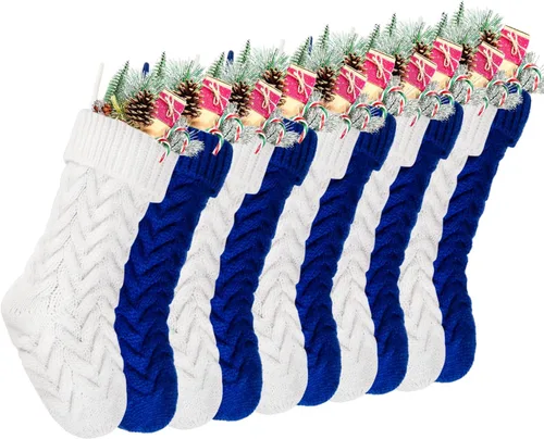 Vista 10 de Medias de Navidad, 18 pulgadas, calcetines de punto trenzado azul para decoración de Navidad, paquete de 4