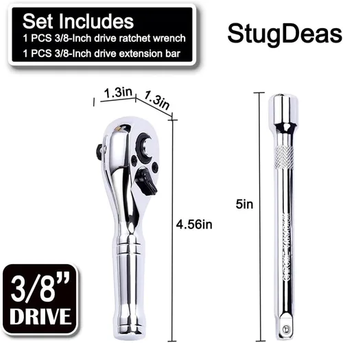 Vista 2 de StrugDeas - Llave de trinquete (72 dientes, 3/8 pulgadas) Quick-Release Socket Wrench with a Extension Bar(5 inch), Reversible Switch, Chrome