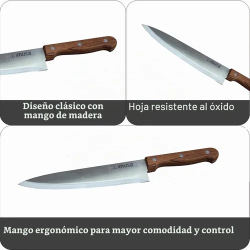 Vista 2 de IMUSA Cuchillo de chef de acero inoxidable de 8 pulgadas con mango de madera Acabado pulido, mango ergonómico de castaño, corte de precisión