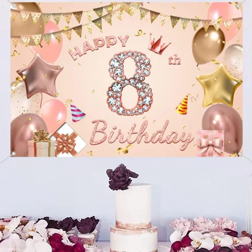 Vista 4 de Cartel de tela para decoración de cumpleaños número 8 para niñas de 8 años, cartel de tela para fiesta de cumpleaños de niña, fondo de foto rosa